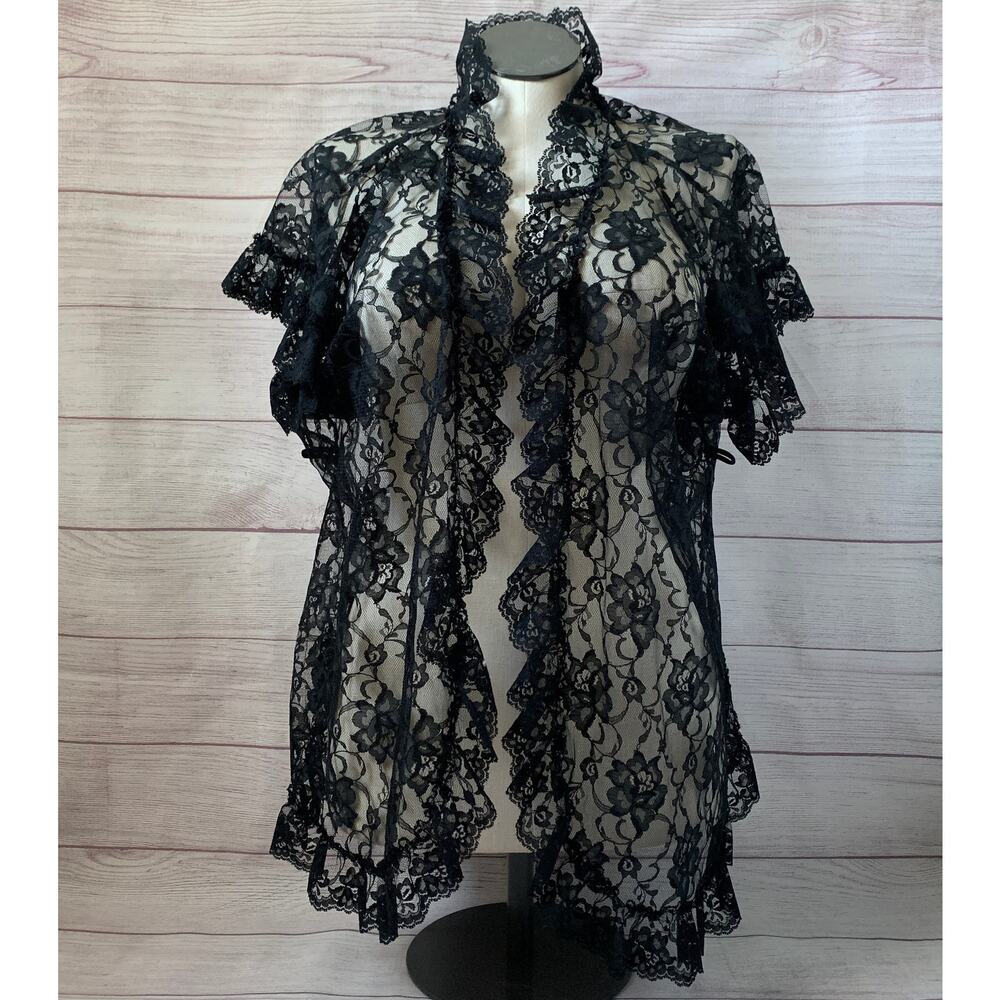 Vintage Shirley of Hollywood Black Sheer Floral Lace Cardigan Robe Cover Up OSFM